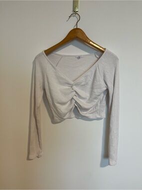 Ruched V-Neck Long Sleeve Crop Top - white ivory